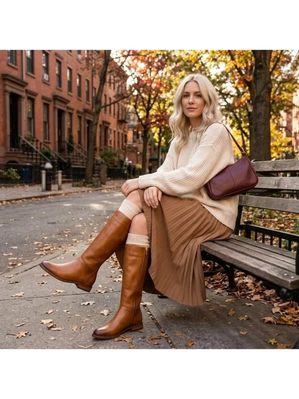 Women's Brown Round Toe Low Heel Comfortable Side Zipper Buckle Knee High Boots